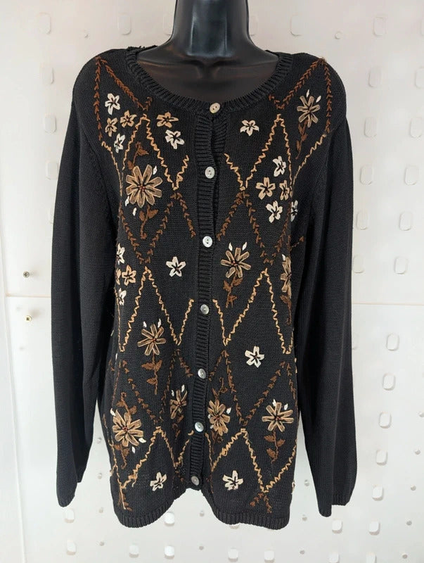 Alfred Dunner Black Floral Appliqué Cardigan Size L
