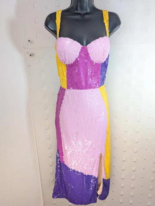 Lace & Beads Alicia Sequin Colour Block Midaxi Dress UK14 Party Occasion