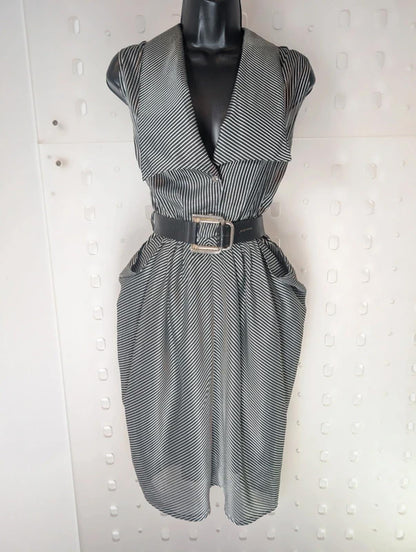 Vintage Black Silver Pinstripe Statement Dress Oversized Collar UK 12