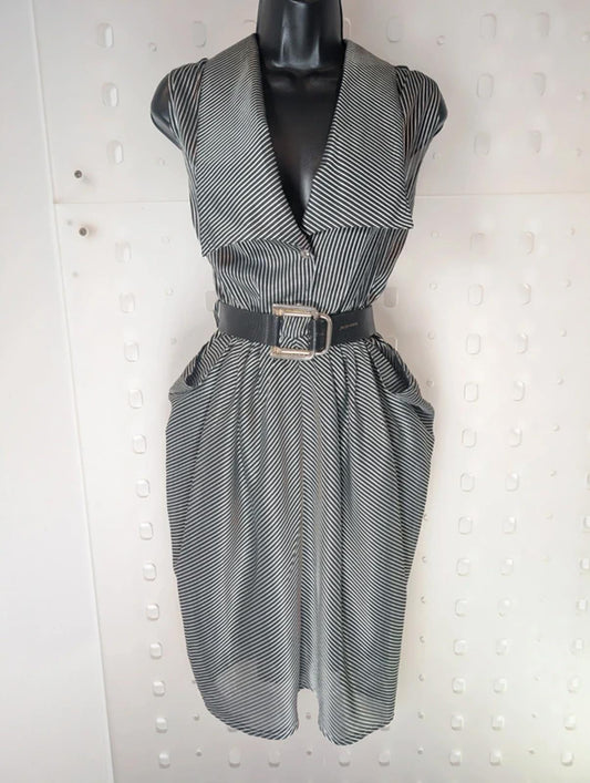 Vintage Black Silver Pinstripe Statement Dress Oversized Collar UK 12