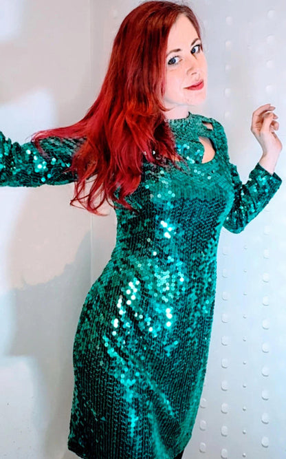 Nite Line Vintage 1980s Turquoise Sequin Cut-Out Dress – UK 12