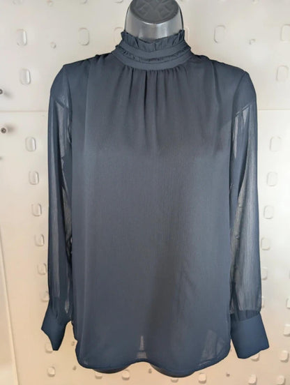 Second Female Truffle Blouse Navy Sheer Back Frill Neck Button Back Scandi XS