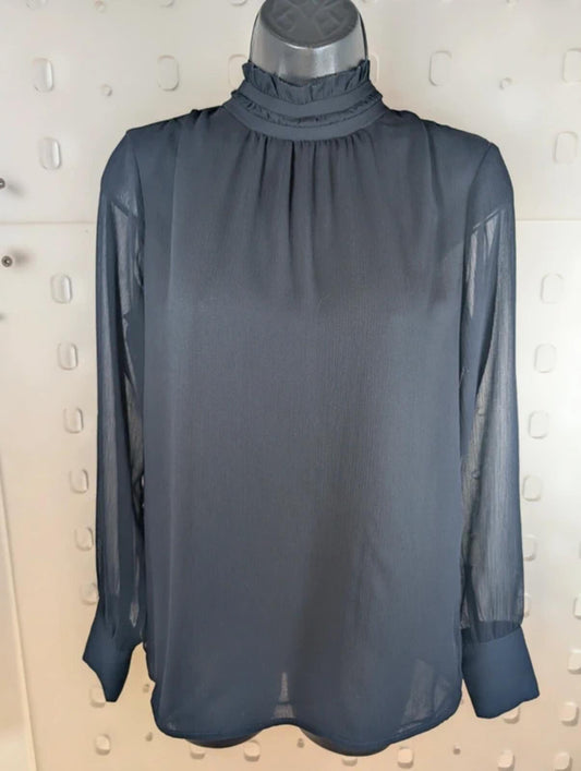 Second Female Truffle Blouse Navy Sheer Back Frill Neck Button Back Scandi XS