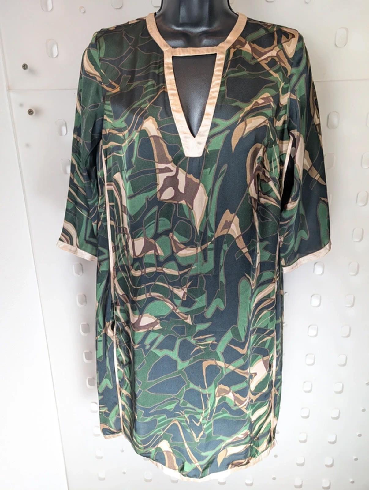 Sara Jones Satin Camo Print Kaftan Mini Dress With Pockets Size 8