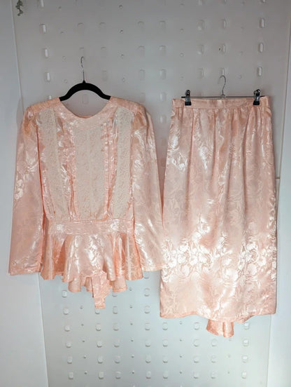Vintage Peach Satin Two Piece Set Peplum Top Lace Detail Skirt