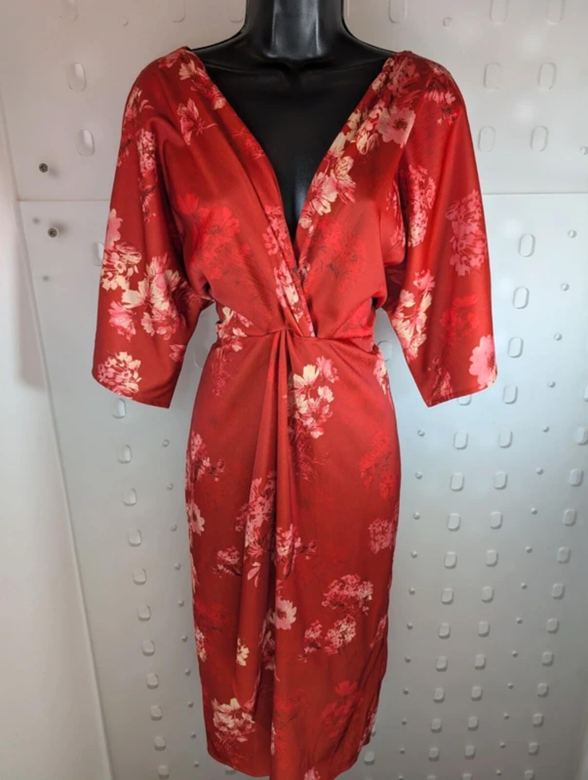 Hope & Ivy Floral Knot Front Dress Red Pink UK10