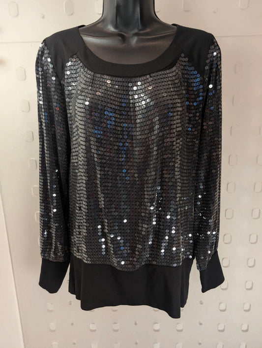 Reiss 1971 Black Sequin Long Sleeve Top Size S