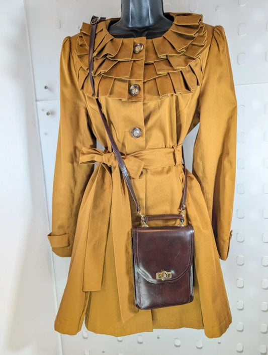 Miss Selfridge UK14 Mustard Fit & Flare Coat Ruffle Collar Academia