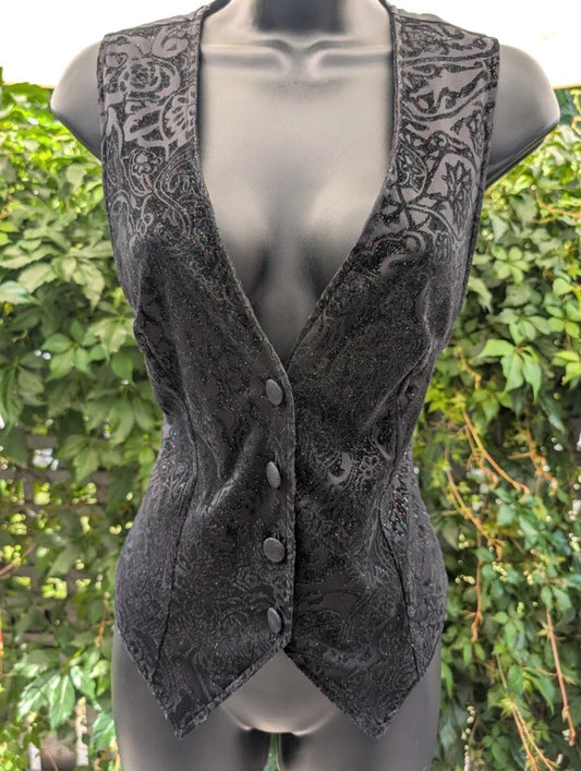 Vintage Velvet Burnout Waistcoat Black Size 40