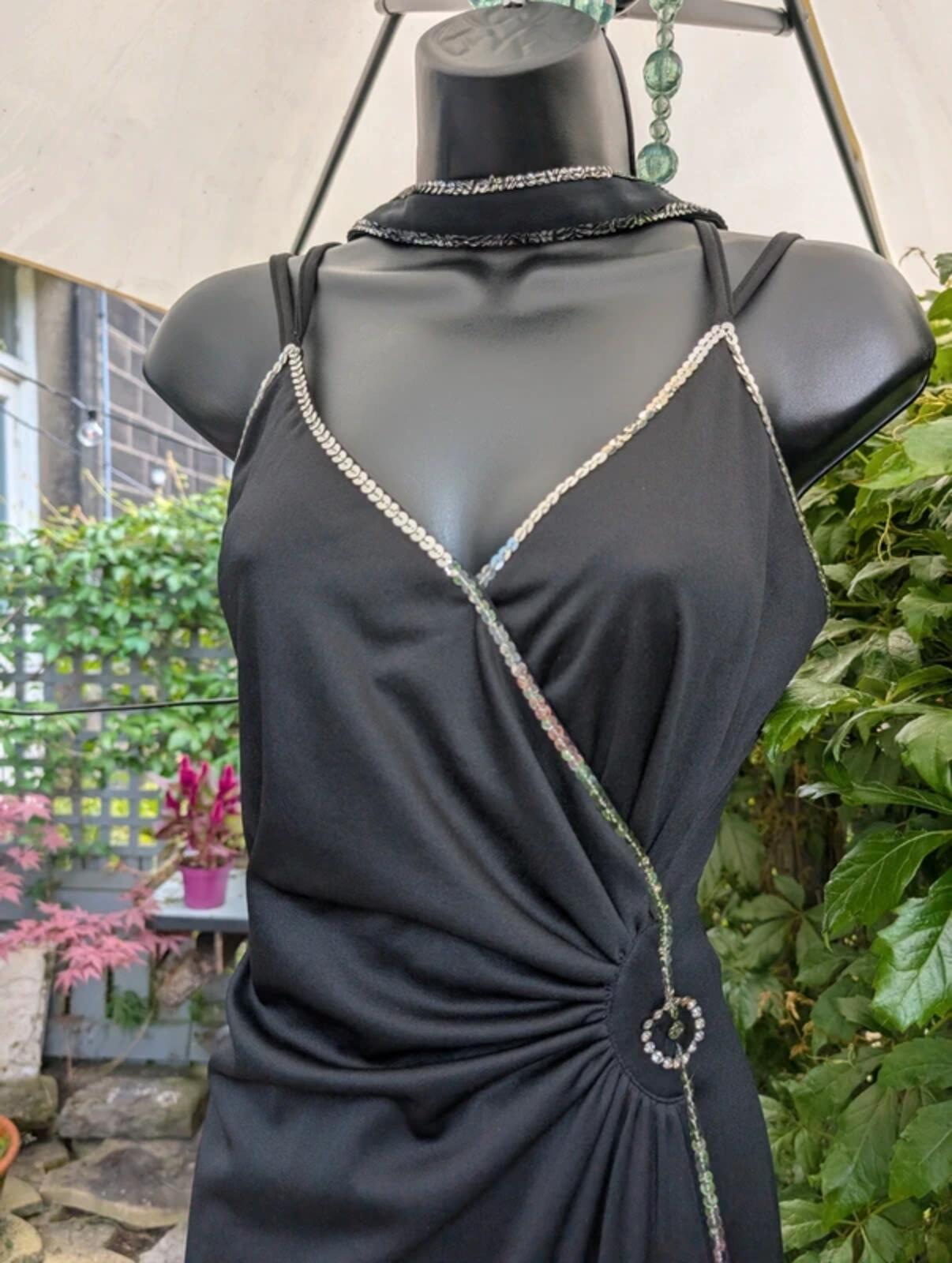 Vintage Black Evening Dress Silver Sequin Detail UK14