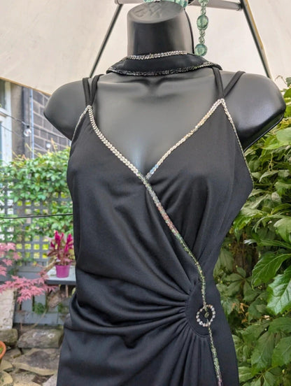 Vintage Black Evening Dress Silver Sequin Detail UK14