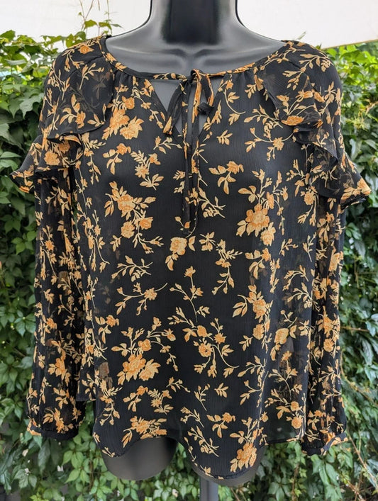 Envy Black & Mustard Floral Tie Neck Blouse UK8
