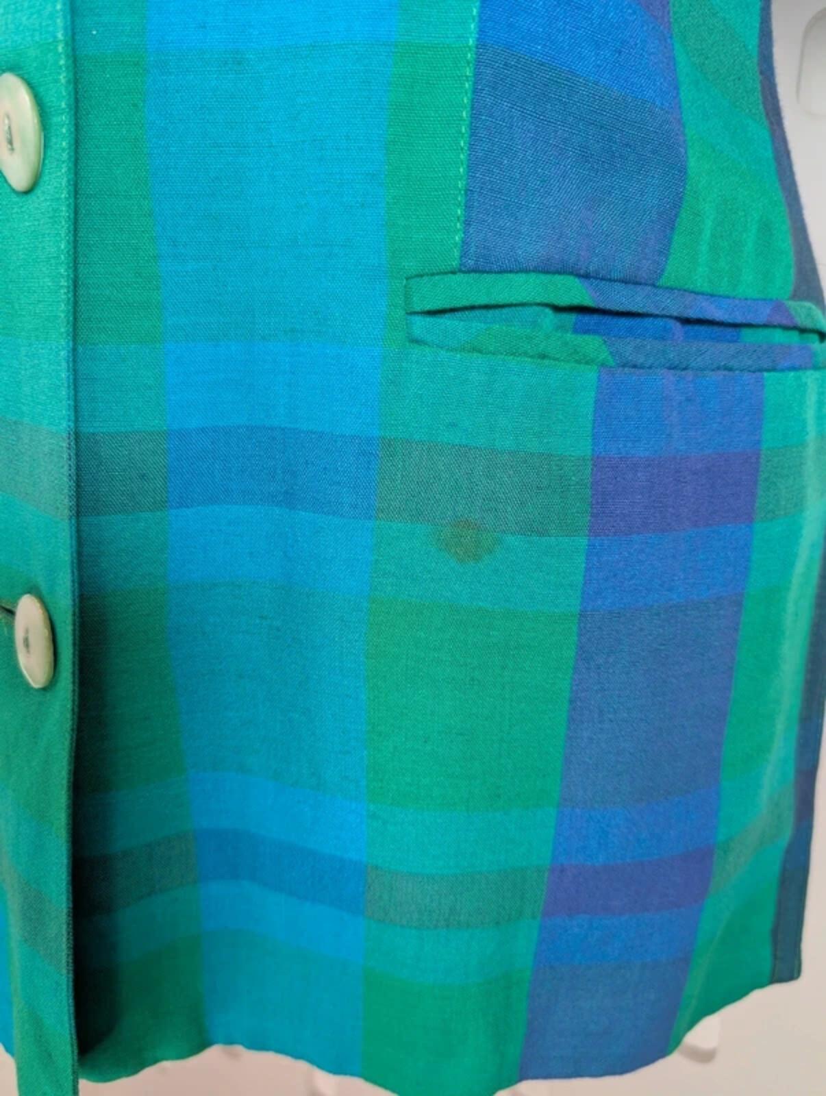Vintage Betty Barclay checked linen jacket UK10 oversized lagenlook blue green