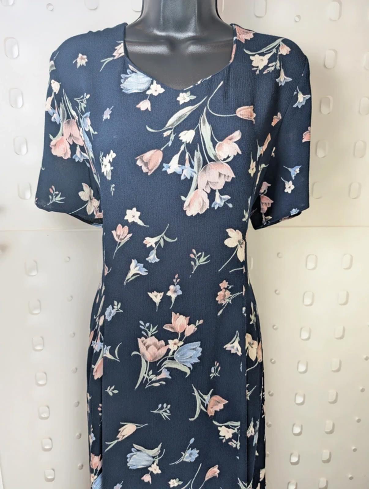Vintage 90s C&A Navy Tulip Print Maxi Dress UK 12 14 Viscose Floral