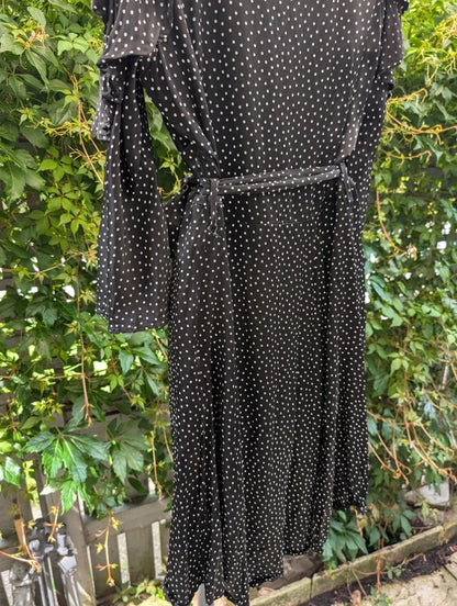 Ghost Black Polka Dot Midi Dress | Keyhole Neck | Cut Out Shoulders | UK M