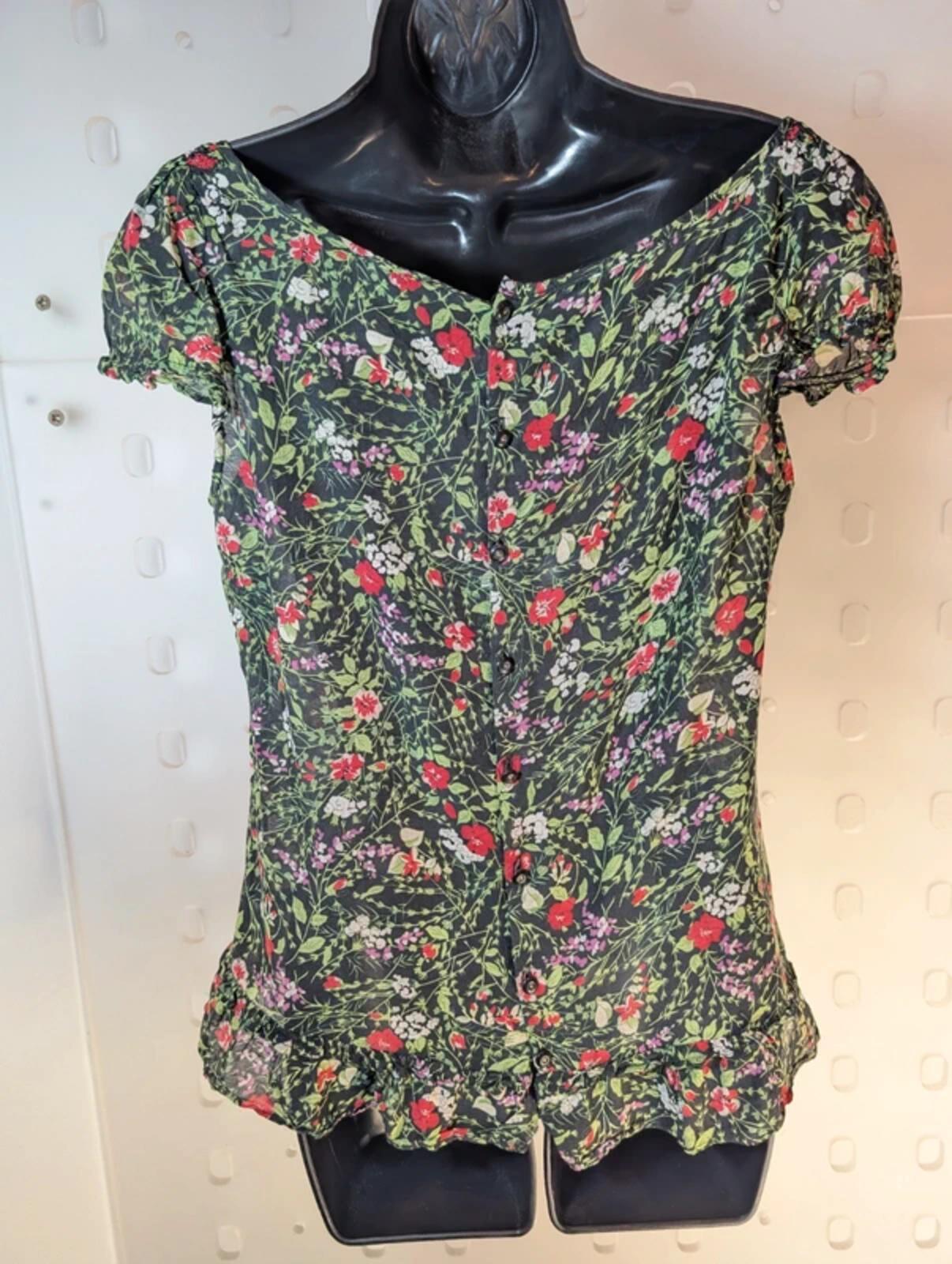 Black Ditsy Floral Blouse – Tie Neck Ruched Front – Lightweight – UK 8