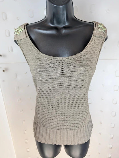 Lucia Khaki Crochet Knit Top Boho Scoop Neck Vest Brooch Detail Lightweight