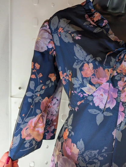 Vintage 70s Floral Maxi Dress – Empire Line – Sheer Overlay – UK 12/14