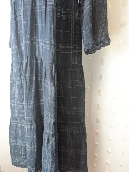 Jigsaw UK14 Navy Check Cotton Linen Blend Maxi Dress with Slip