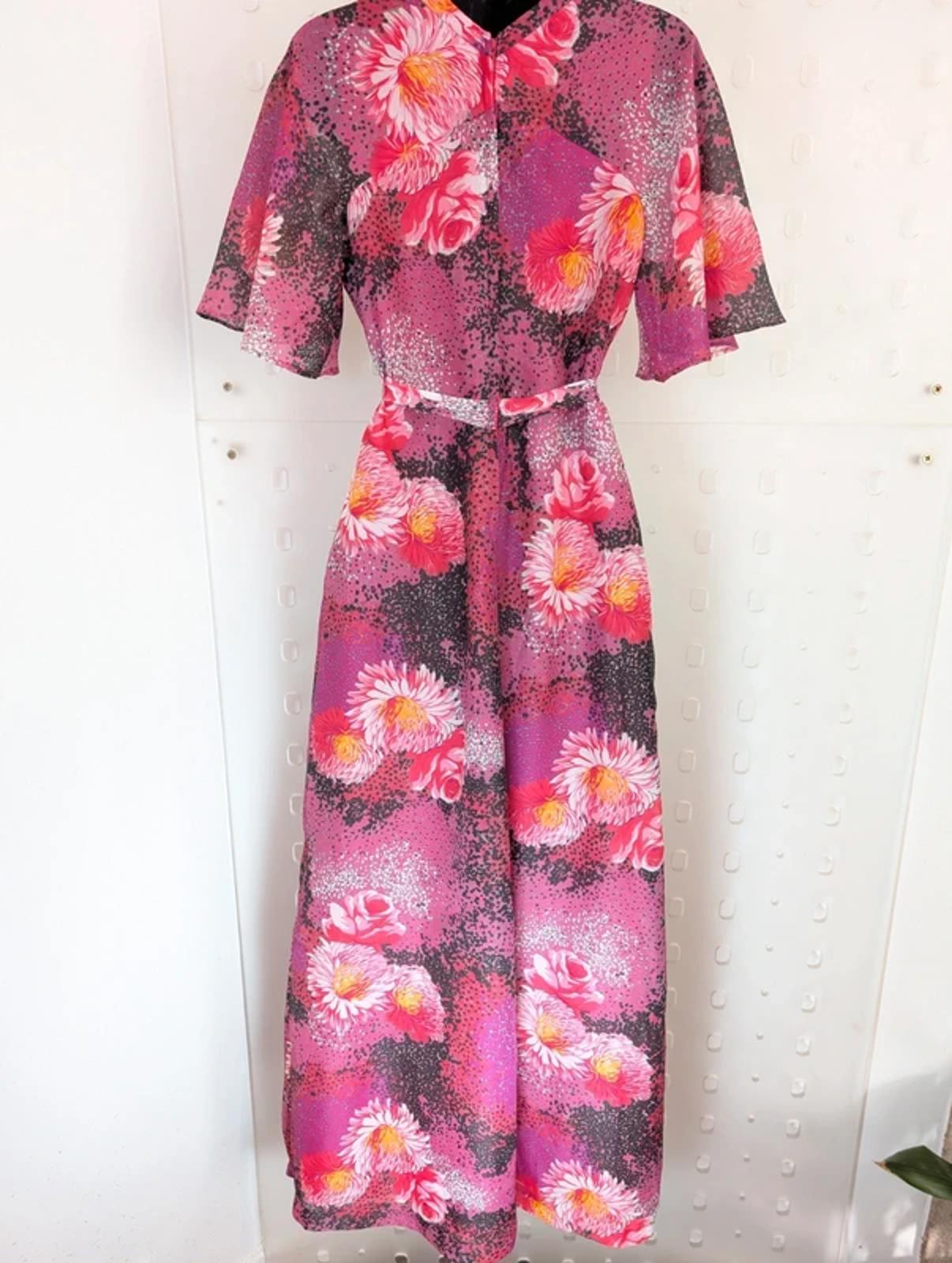 Vintage 70s Pink Floral Maxi Dress Flutter Sleeve Boho EU40