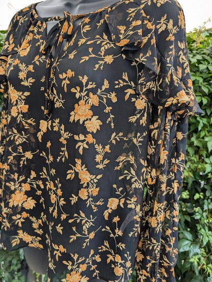 Envy Black & Mustard Floral Tie Neck Blouse UK8