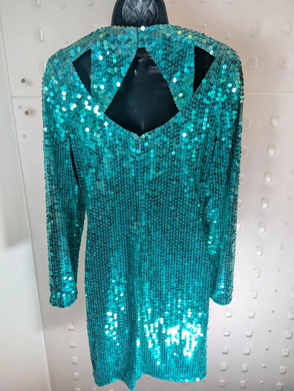 Nite Line Vintage 1980s Turquoise Sequin Cut-Out Dress – UK 12
