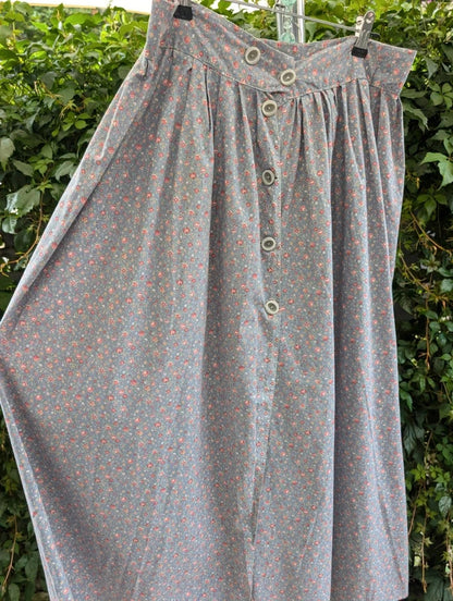 Vintage Ditsy Floral Wrap Midi Skirt Blue Pink UK12