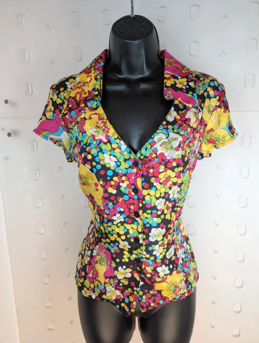 Axara Paris Silk Blouse XS Colourful Print Statement Collar Fitted 70s Inspired