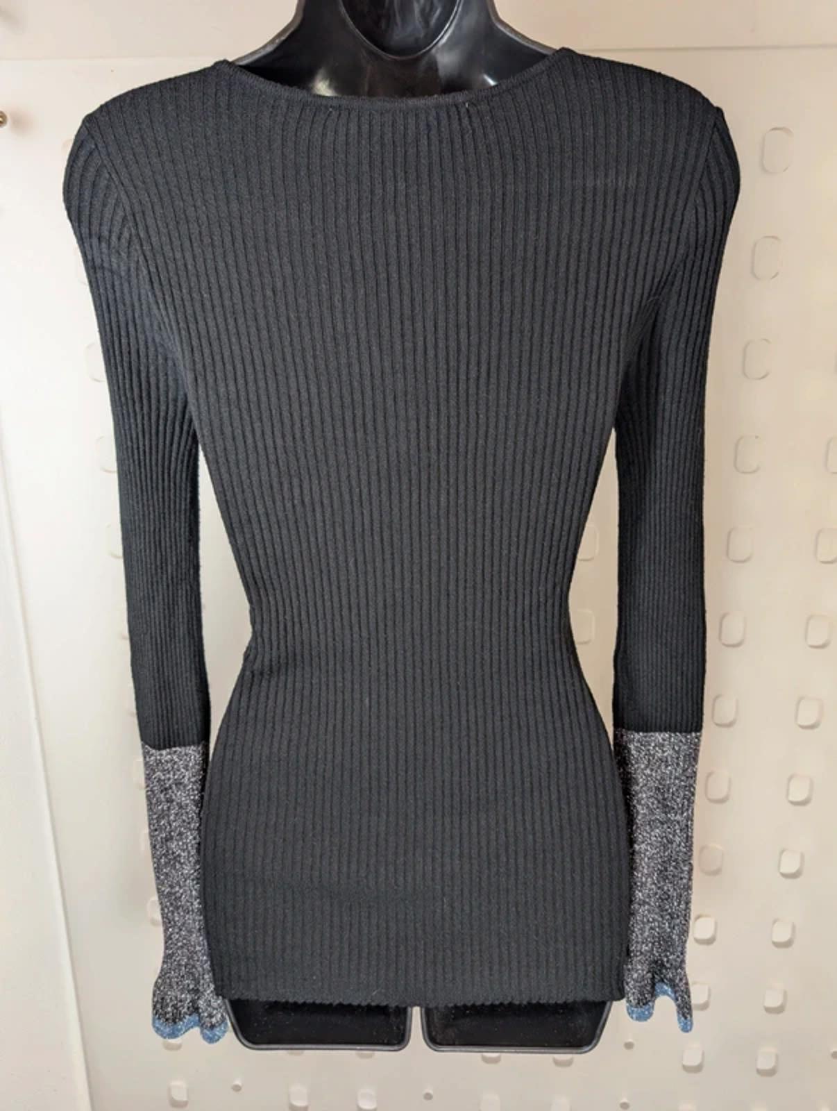 Rue de Femme Ribbed Knit Top M Black Lurex Fluted Sleeve Slim Fit