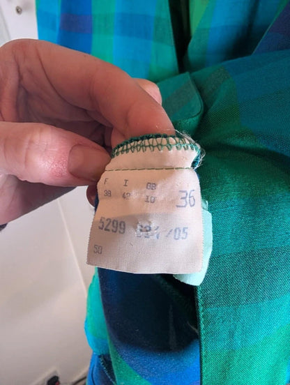 Vintage Betty Barclay checked linen jacket UK10 oversized lagenlook blue green