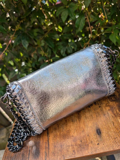Borse in Pelle Genuine Leather Crossbody Clutch Bag Silver Made in Italy