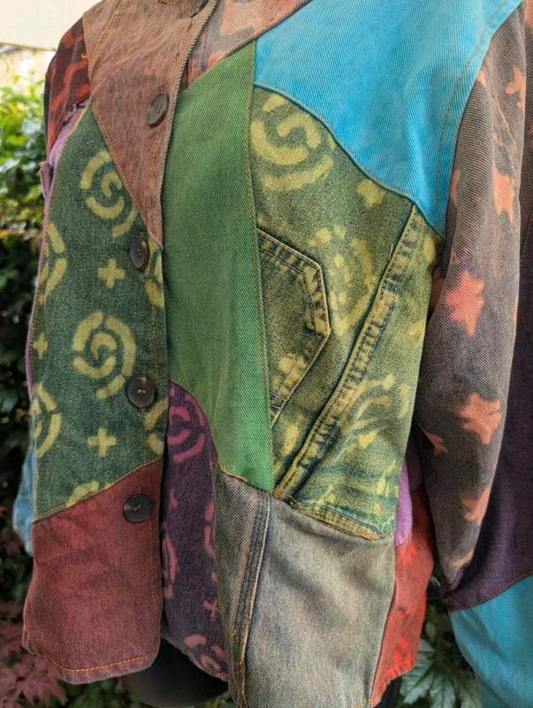 Sacred Threads Patchwork Denim Bomber Jacket Cotton S/M