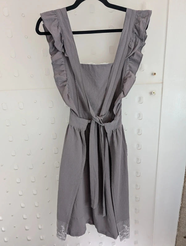 Grey Lace Trim Cross Back Kitchen Pinafore Apron Size 8