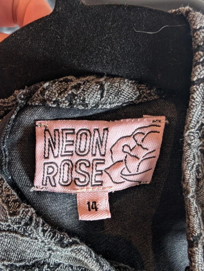 Neon Rose Charcoal Grey Denim Fit & Flare Dress Lace Bodice UK14