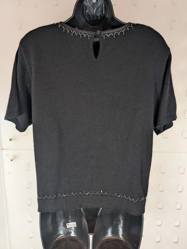 Petite Sophisticate Black Merino Wool Blend Knit Top L