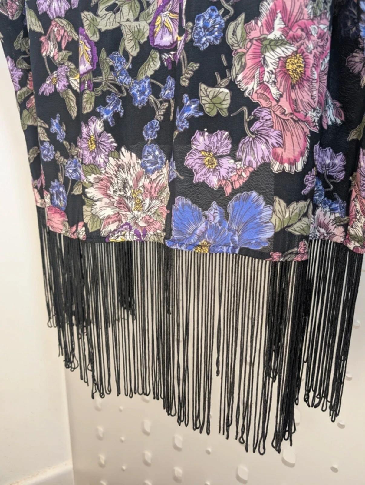 New Look floral tasseled kimono cover up boho festival beachy black pink uk10