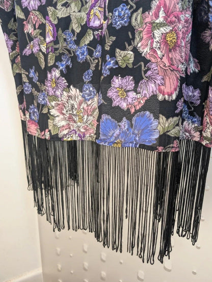 New Look floral tasseled kimono cover up boho festival beachy black pink uk10