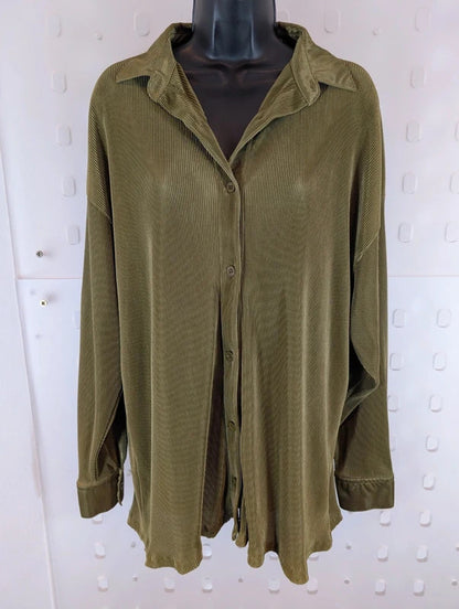 Kangol Khaki Pleated Satin Trim Oversized Shirt UK14 NWT