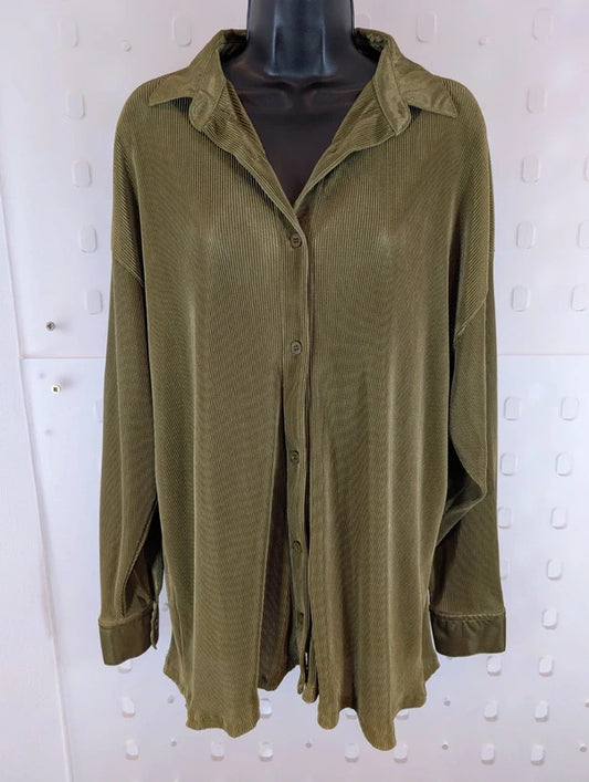 Kangol Khaki Pleated Satin Trim Oversized Shirt UK14 NWT