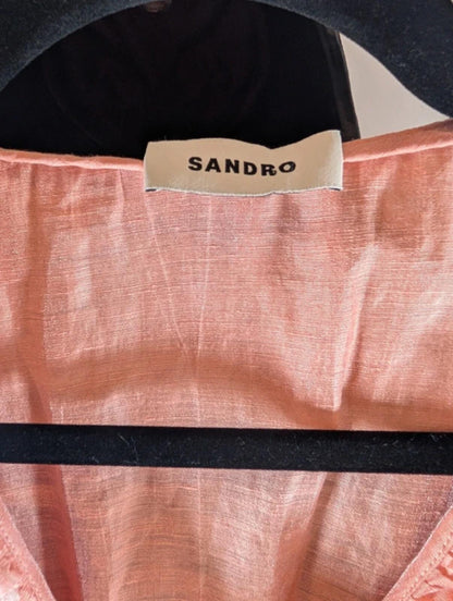 Sandro Peach Linen Blend Wrap Dress Statement Collar Parisian Chic UK10/12