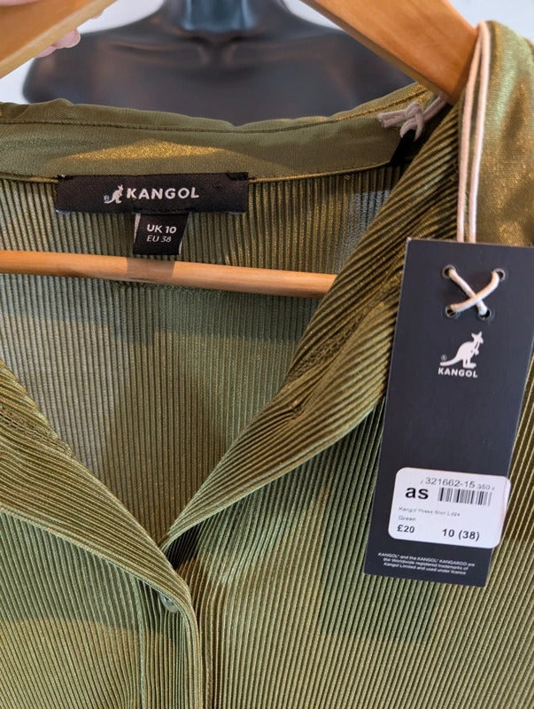 Kangol Khaki Pleated Satin Trim Oversized Shirt UK14 NWT