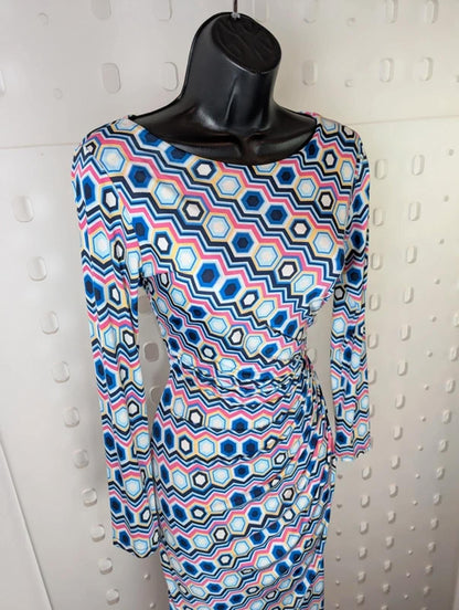 Onjenu Geometric Print Wrap Dress UK 8 Stretch Jersey Knee Length 70s Style