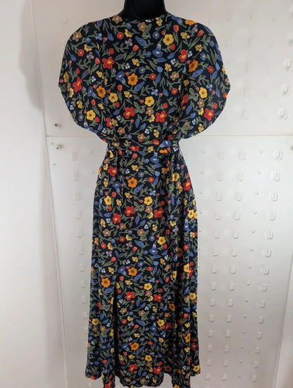 Vintage 90s Paul Mausner Navy Floral Button Through Dress UK12