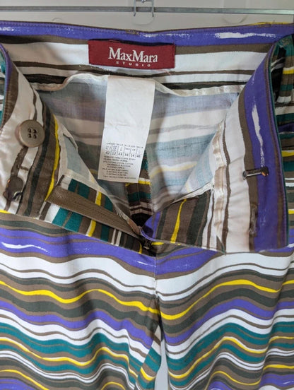 MaxMara Studio Striped Cropped Trousers UK14 Cotton Stretch Purple Yellow Stripe