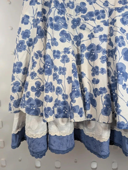 Per Una Floral Cotton Midi Skirt White Blue UK12