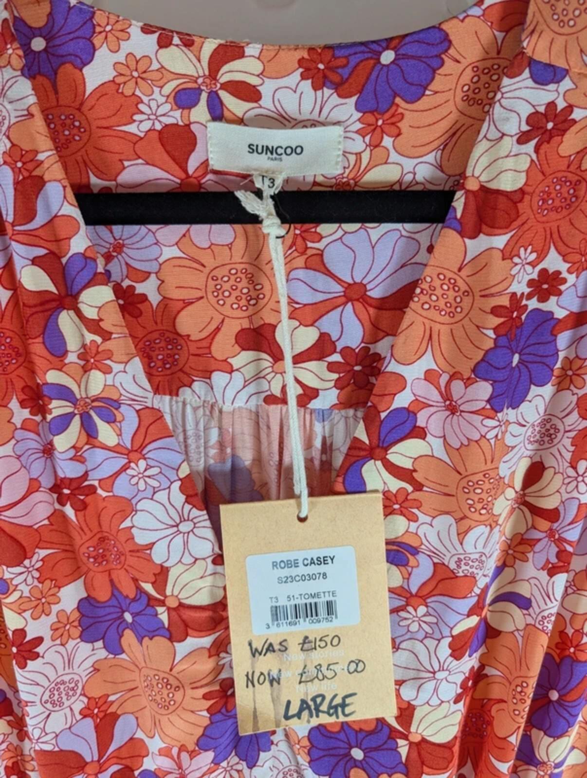 Suncoo Casey Pink Floral Viscose Midi Dress T3 Large NWT RRP £150
