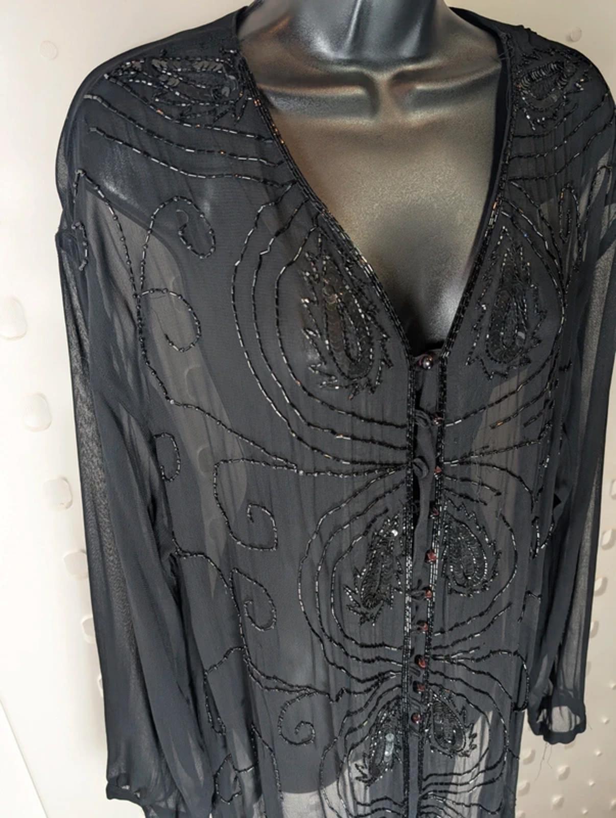 Vintage Sheer Beaded Sequin Blouse Free Size Viscose Evening Layer