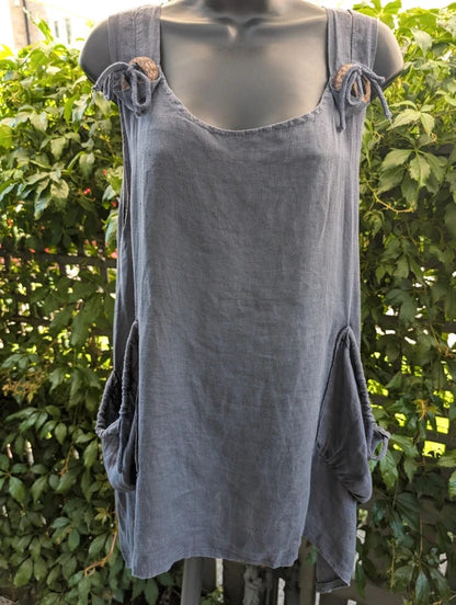 Italian Linen Tie Shoulder Longline Top Navy Blue M