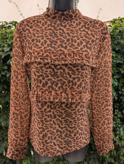 Six Ames Malina Leopard Print Ruffle Blouse Size 38