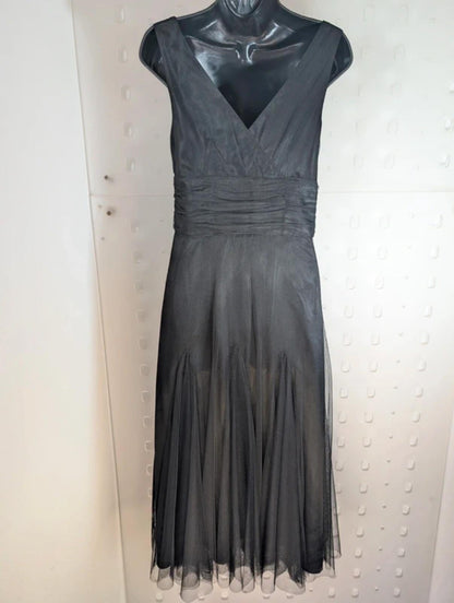 Monsoon Black Mesh Midi Dress Gothic Godet Panels Fit & Flare Approx UK 12